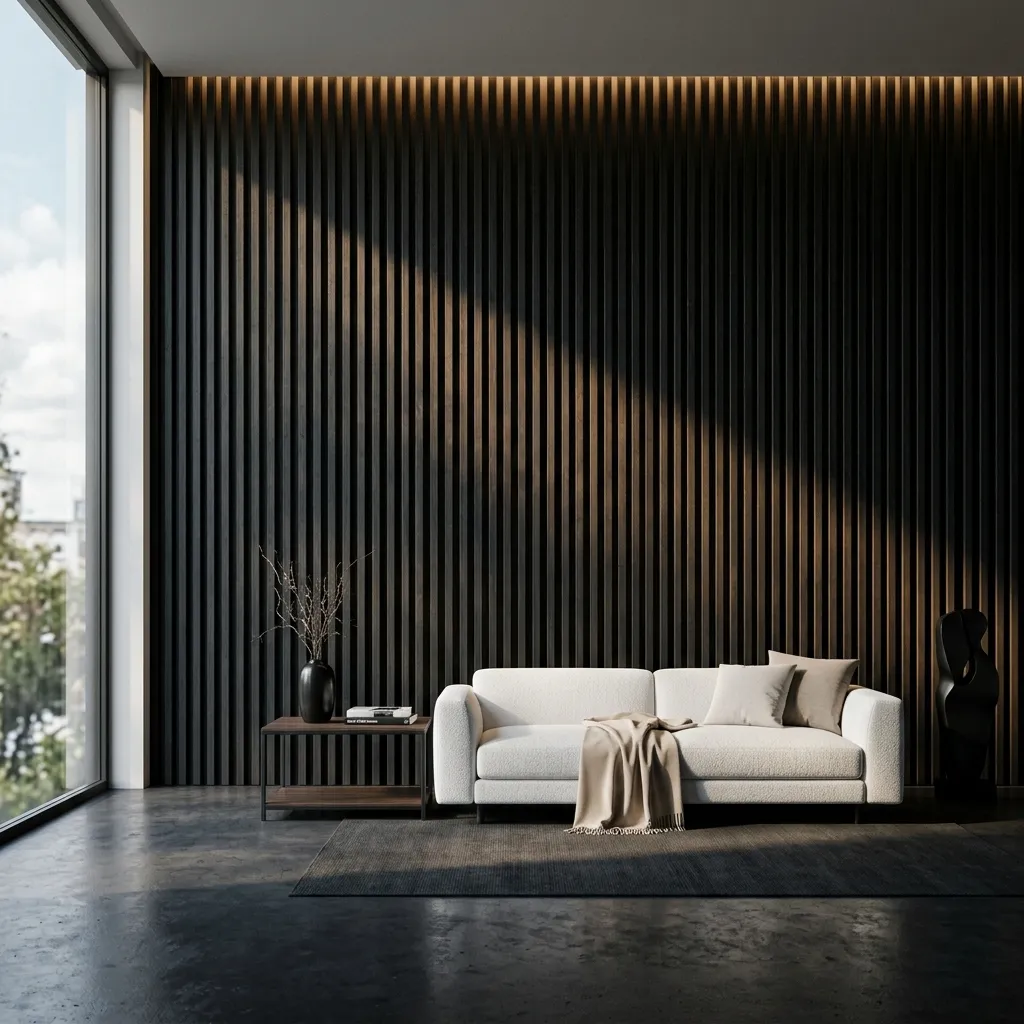 Luxury living room with floor-to-ceiling charcoal louver walls