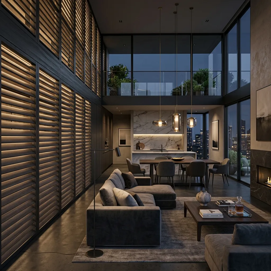 Floor-to-ceiling charcoal luxury louver architectural wall installation