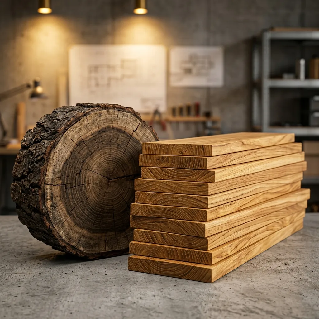 Premium teak timber planks and raw log cross-section